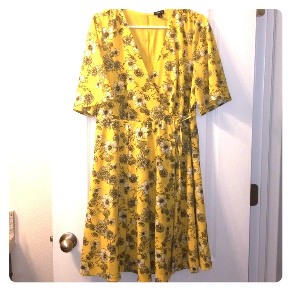 Yellow Floral Flutter Sleeve Wrap Dress
